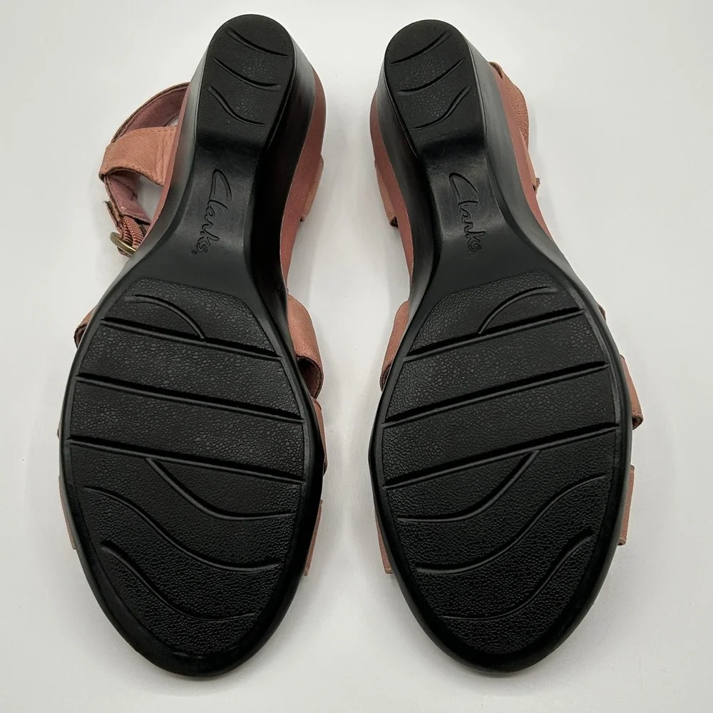 Clarks Bendables Dusty Rose Leather Ruched Wedge Slingback Sandals 9M Minimalist